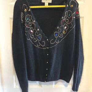 Women's VTG Black Beaded Gemstone Embellished Cardigan Sweater Size 22/24 Silk
